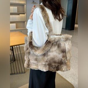 Luxurious Plush Faux Fur Shoulder Bag - Taupe